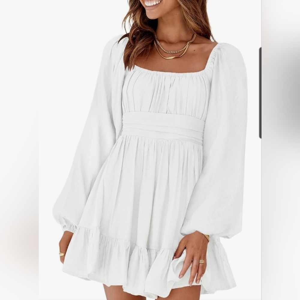 Elegant White Lantern Sleeve Women's Dress Size XL